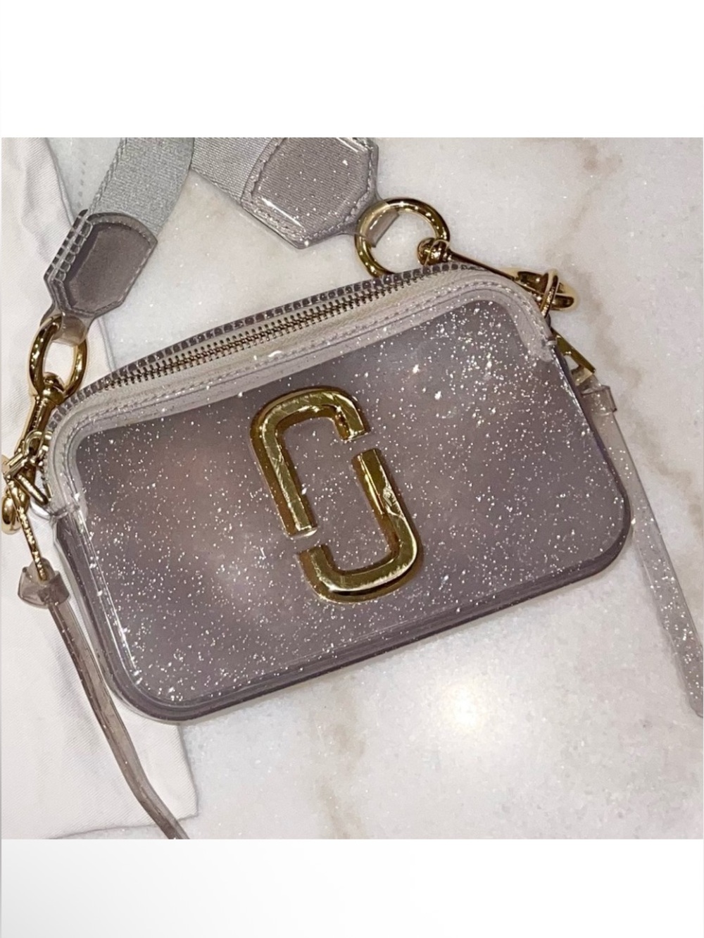 Marc Jacobs Taupe Glitter Snapshot Crossbody with Gold Hardware